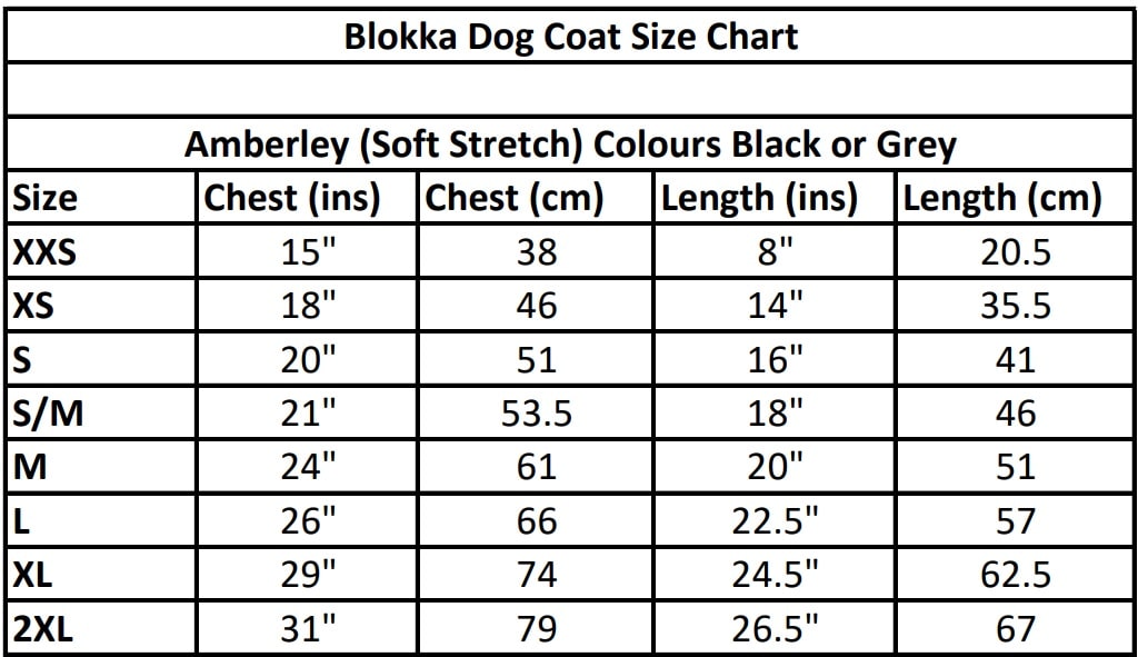 EMF Protective Dog Vest Blokka Amberley Size Chart