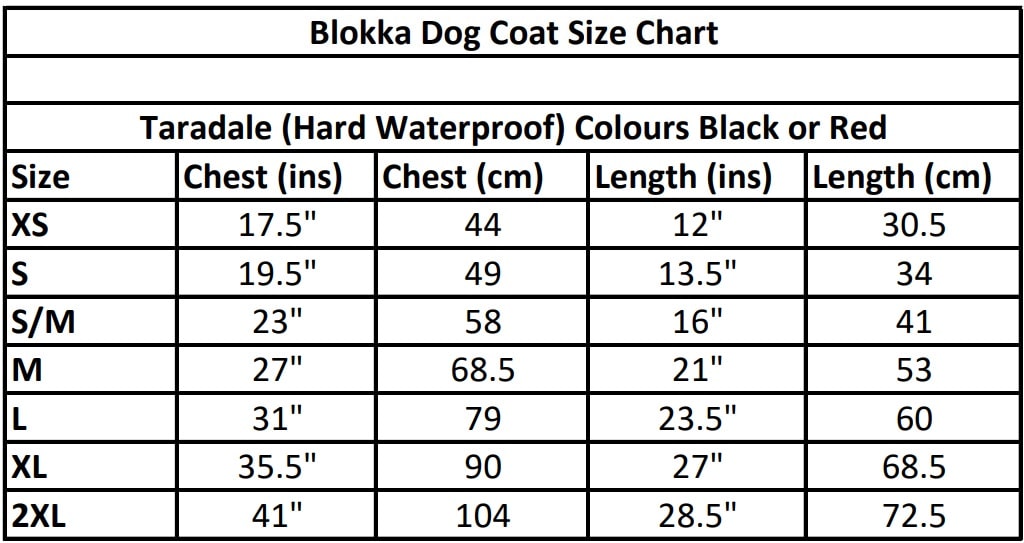 EMF Protective Dog Coat Blokka Taradale Size Chart