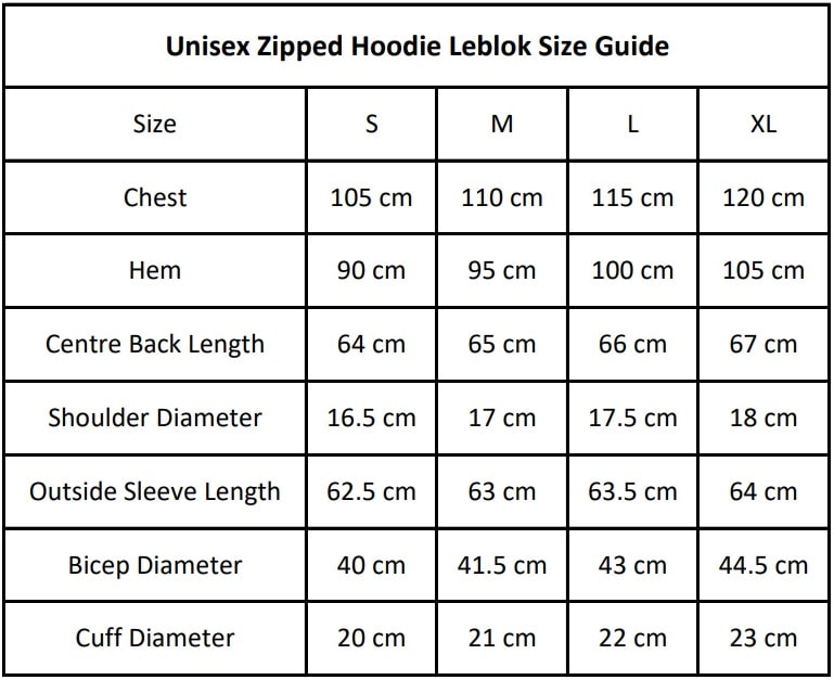 EMF Protective Zipped Hoodie Leblok size chart