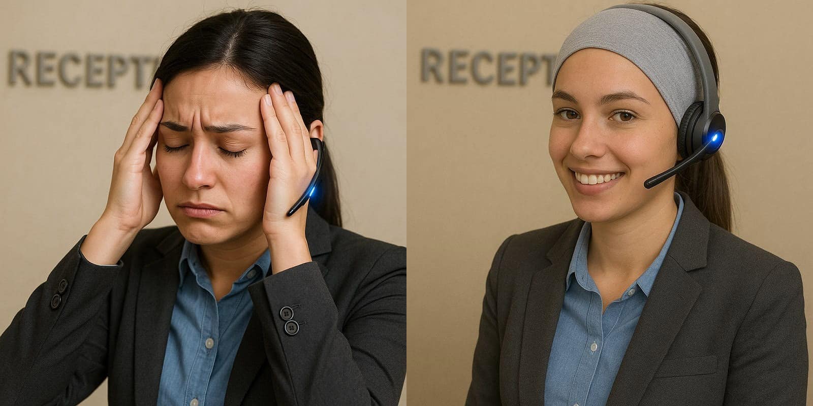 Receptionist wearing a Bluetooth headset with and without EMF protective headband Leblok